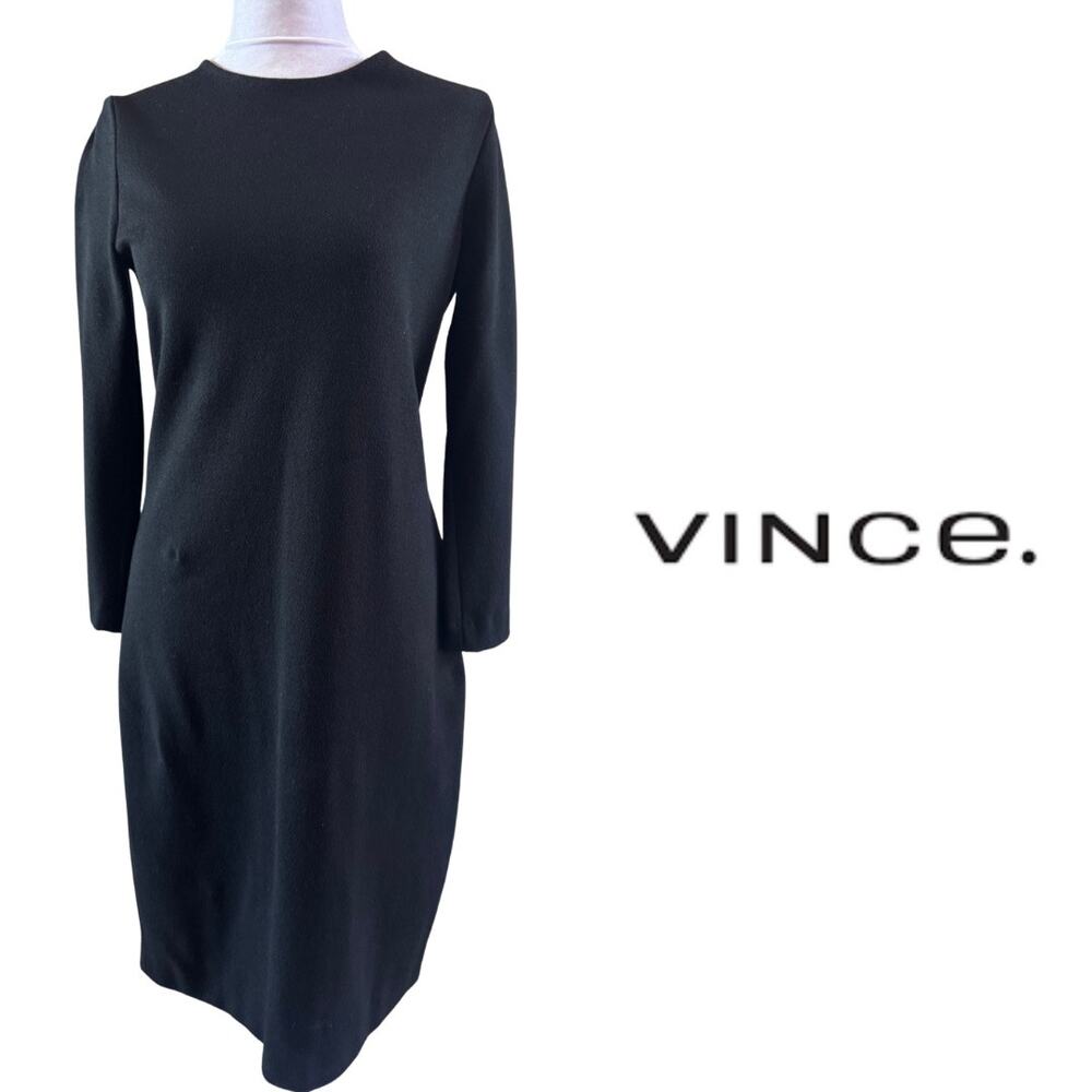 Vince Jet Black Midweight Knit Bodycon Long Sleeve Dress Medium M EUC Winter - Picture 4 of 12